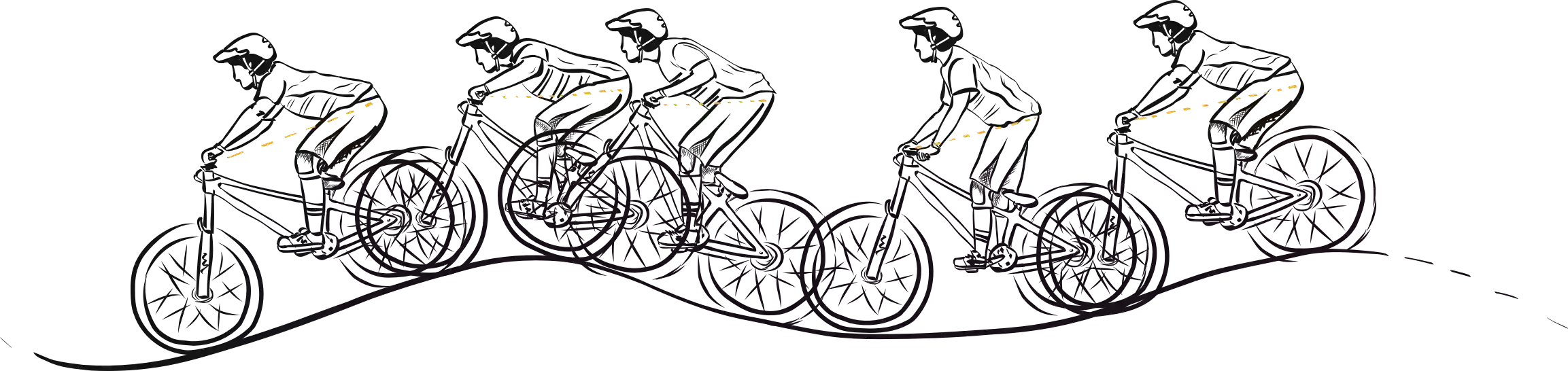 Kolesarji prikazani v različnih pozicijah na kolesu